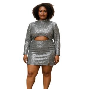 PrettyLittleThing Silver Sequin Long Sleeve Cutout Zip Mini Bodycon Dress Sz 16